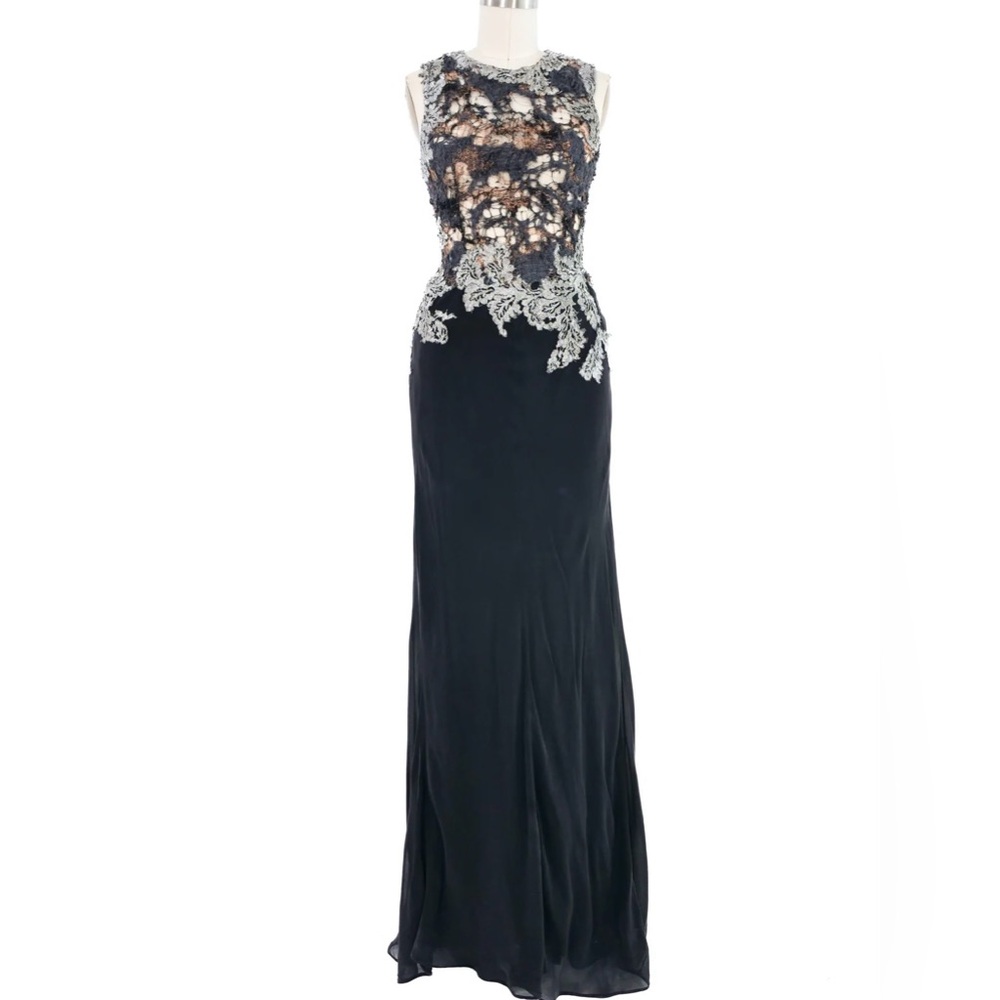 Metallic open knit bodice gown